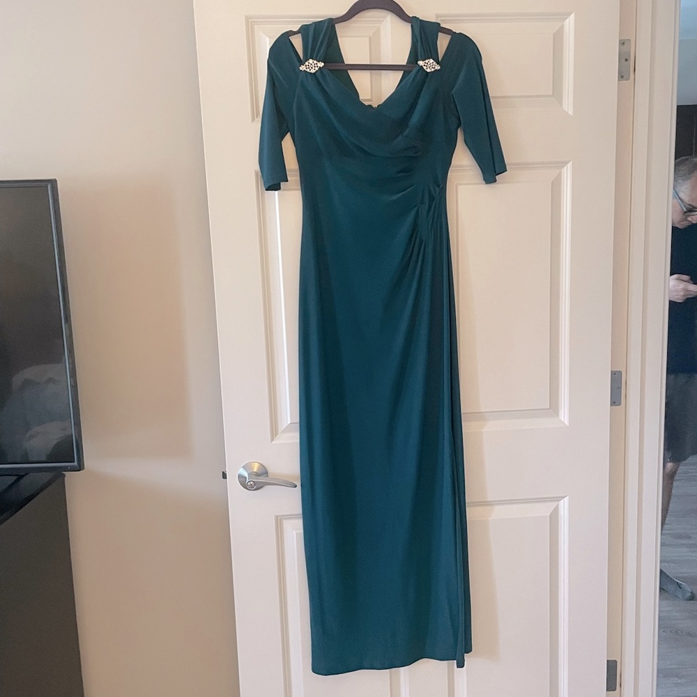 Emerald green cold shoulder floor length gown